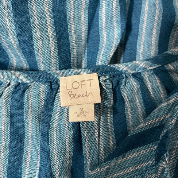LOFT Beach Teal & Blue Striped Split Neck Popover Top Medium Women’s - Picture 10 of 11
